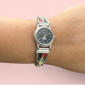 Vintage LA Express West quartz silver watch with colorful inlay